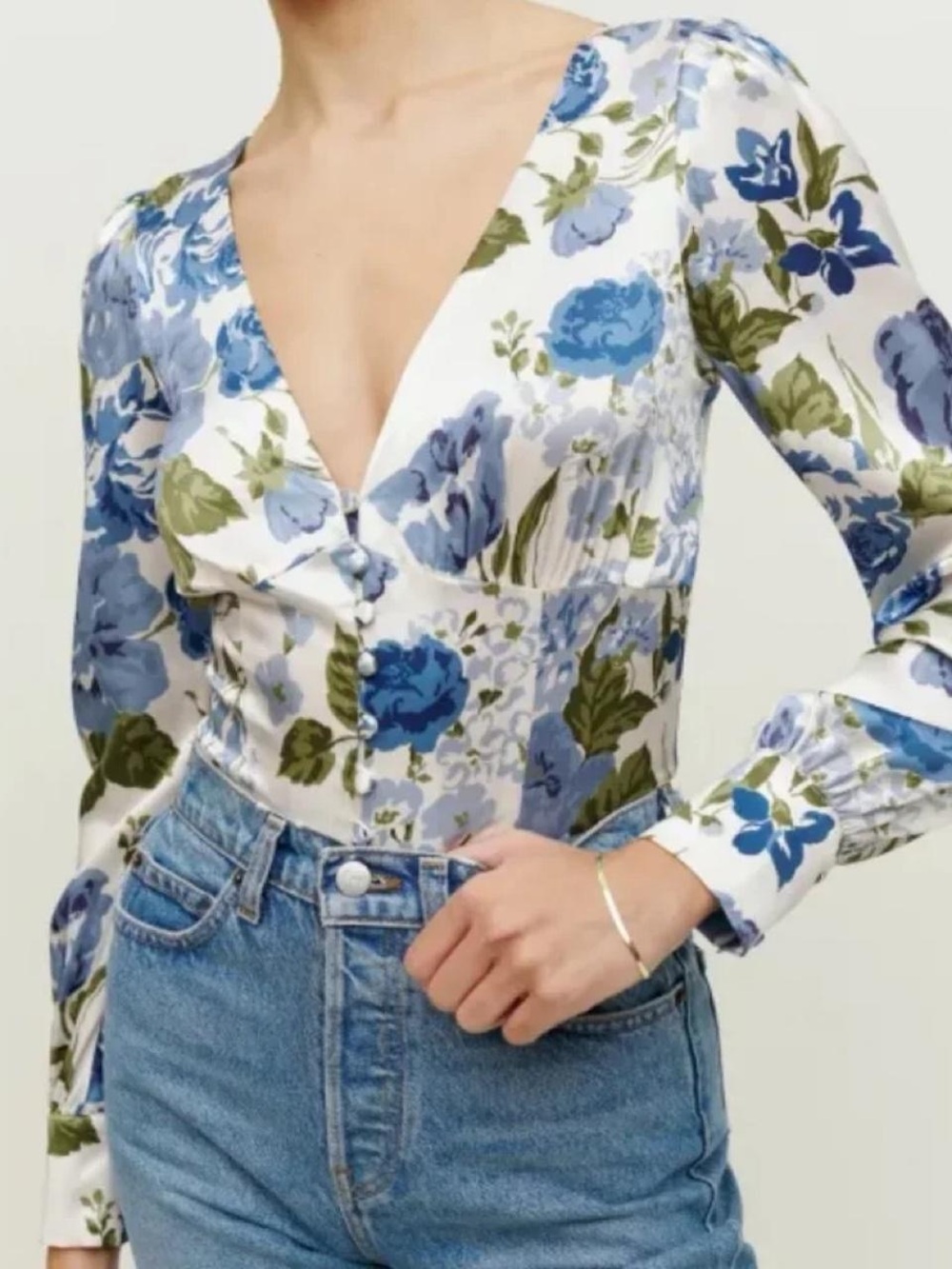 NWT Reformation White Floral Cadence Blouse with Blue and Olive Print 100% silk